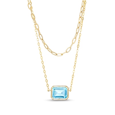 Sideways Emerald-Cut Swiss Blue Topaz Double Chain Necklace in 10K Gold - 17"