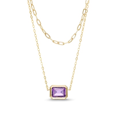 Sideways Emerald-Cut Amethyst Double Chain Necklace in 10K Gold - 17"