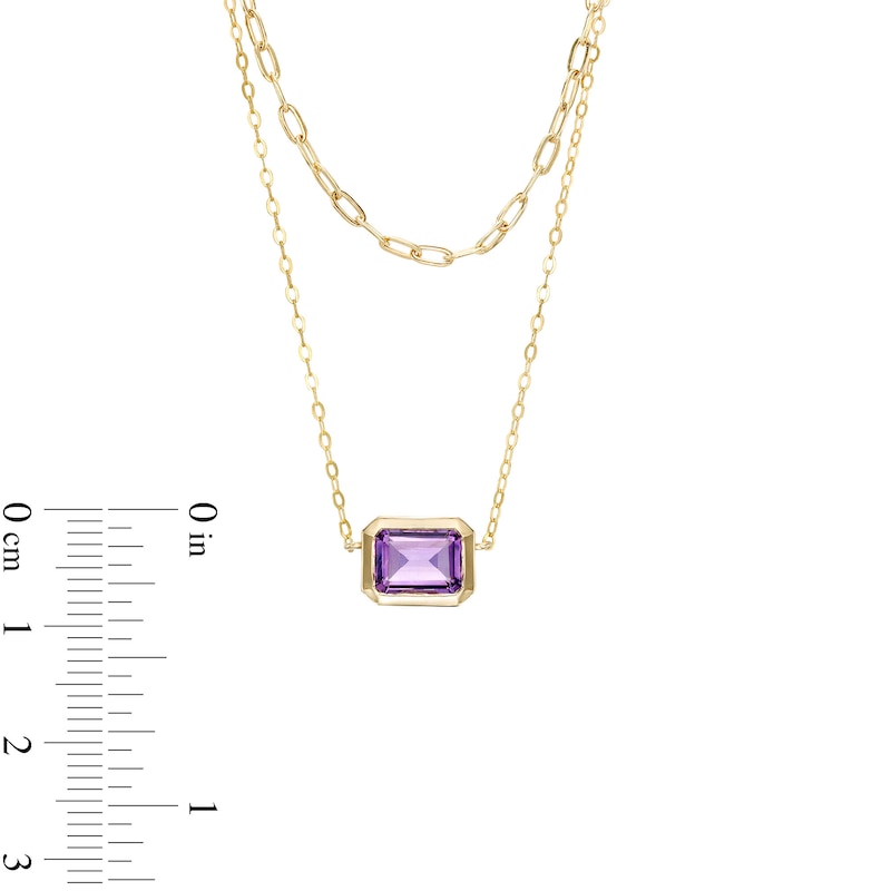 Sideways Emerald-Cut Amethyst Double Chain Necklace in 10K Gold - 17"