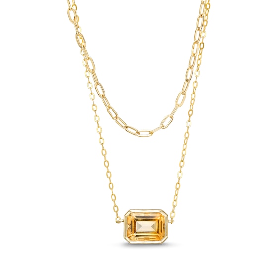 Sideways Emerald-Cut Citrine Double Chain Necklace in 10K Gold - 17"