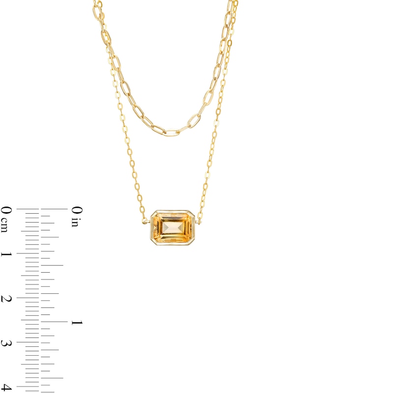 Sideways Emerald-Cut Citrine Double Chain Necklace in 10K Gold - 17"|Peoples Jewellers