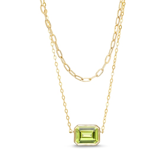 Sideways Emerald-Cut Peridot Double Chain Necklace in 10K Gold - 17"