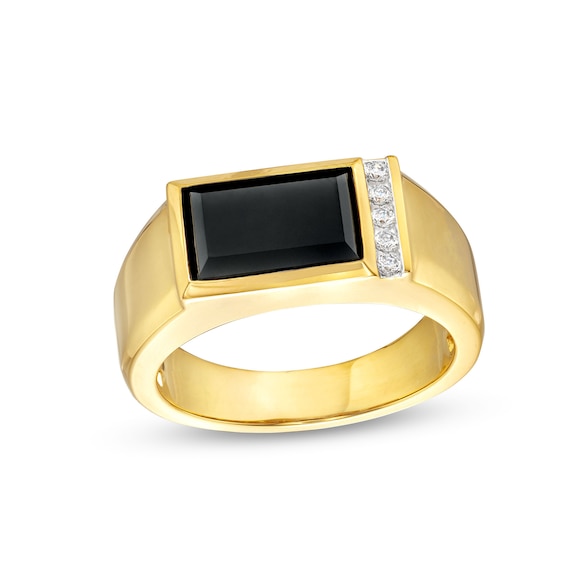 Men's Sideways Rectangular Onyx and 0.10 CT. T.W. Diamond Line Ring in 10K Gold