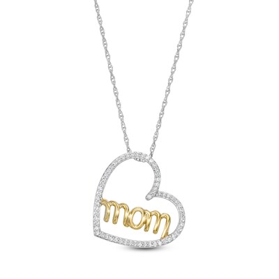 0.15 CT. T.W. Diamond Sideways Heart with "mom" Pendant in Sterling Silver and 10K Gold