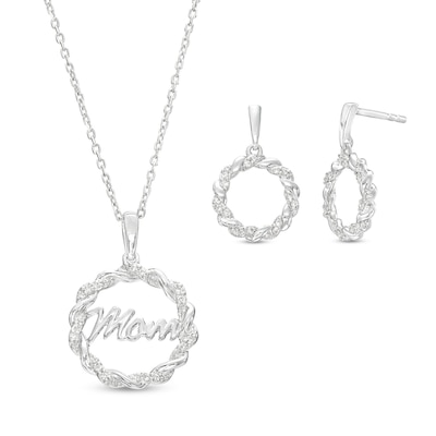 Circle of Gratitude® Collection 0.15 CT. T.W. Diamond "Mom" Twist Pendant and Drop Earrings Set in Sterling Silver