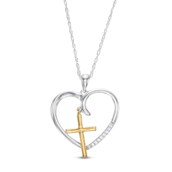 0.05 CT. T.W. Diamond Heart with Cross Charm Pendant in Sterling Silver and 10K Gold