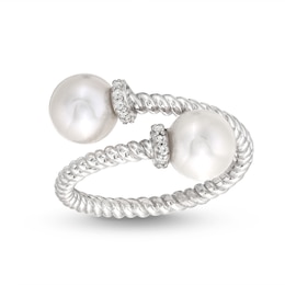 Freshwater Cultured Pearl and White Lab-Created Sapphire Rope Wrap Ring in Sterling Silver-Size 7