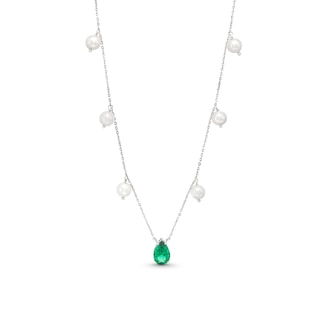 Pear-Shaped Lab-Created Emerald and 5.0-5.5mm Freshwater Cultured Pearl Station Necklace in Sterling Silver