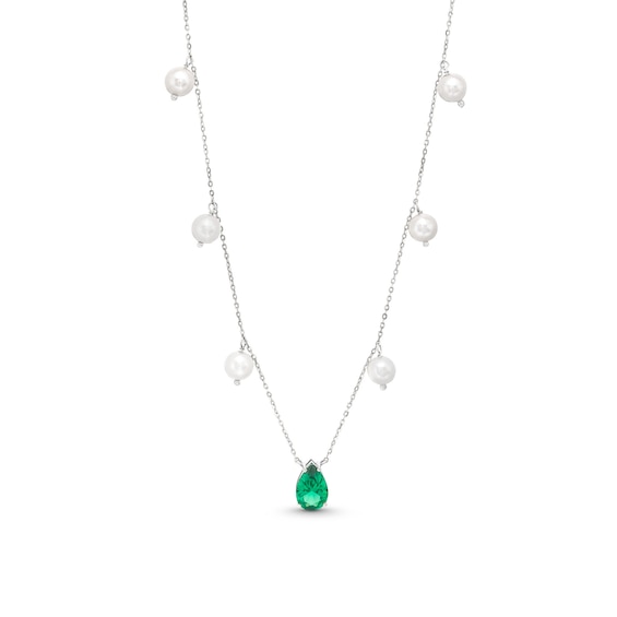 Pear-Shaped Lab-Created Emerald and 5.0-5.5mm Freshwater Cultured Pearl Station Necklace in Sterling Silver