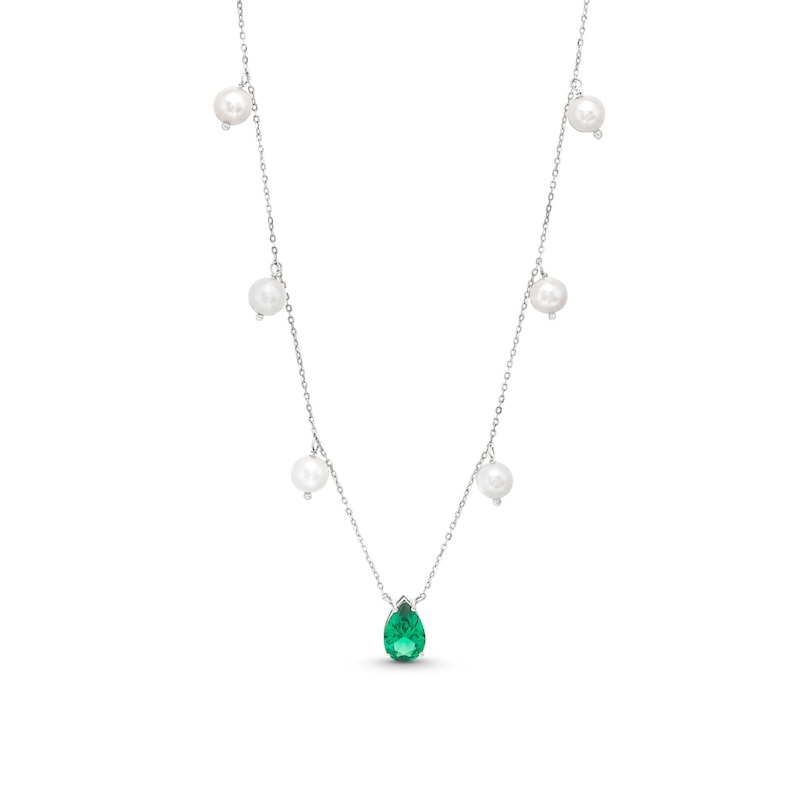 Pear-Shaped Lab-Created Emerald and 5.0-5.5mm Freshwater Cultured Pearl Station Necklace in Sterling Silver|Peoples Jewellers