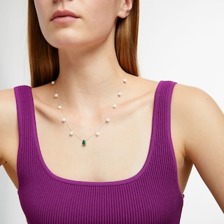 Pear-Shaped Lab-Created Emerald and 5.0-5.5mm Freshwater Cultured Pearl Station Necklace in Sterling Silver