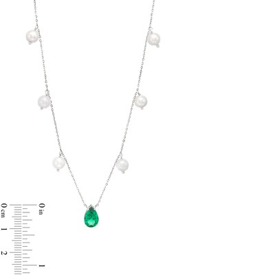 Pear-Shaped Lab-Created Emerald and 5.0-5.5mm Freshwater Cultured Pearl Station Necklace in Sterling Silver