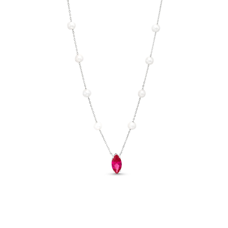 Marquise Lab-Created Ruby and Oval Freshwater Cultured Pearl Station Necklace in Sterling Silver