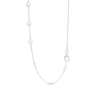 Marquise Lab-Created Ruby and Oval Freshwater Cultured Pearl Station Necklace in Sterling Silver