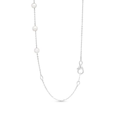 Marquise Lab-Created Ruby and Oval Freshwater Cultured Pearl Station Necklace in Sterling Silver