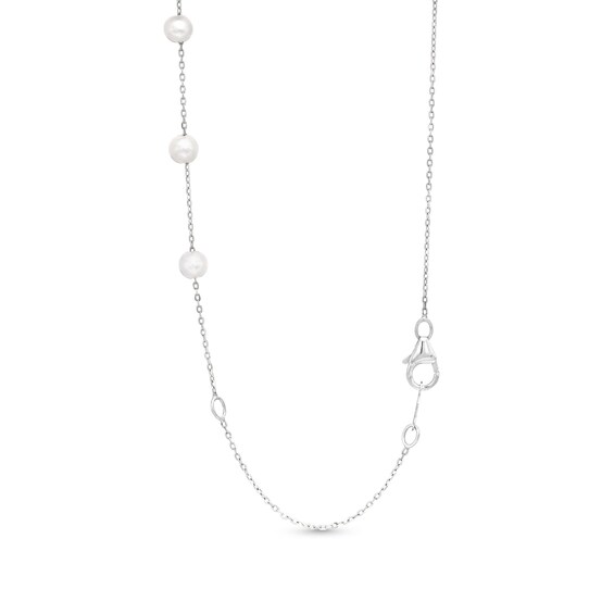 Marquise Lab-Created Ruby and Oval Freshwater Cultured Pearl Station Necklace in Sterling Silver