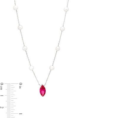 Marquise Lab-Created Ruby and Oval Freshwater Cultured Pearl Station Necklace in Sterling Silver