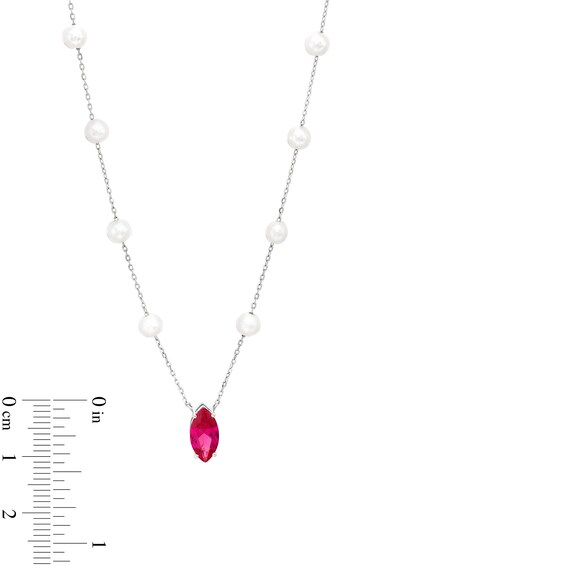 Marquise Lab-Created Ruby and Oval Freshwater Cultured Pearl Station Necklace in Sterling Silver