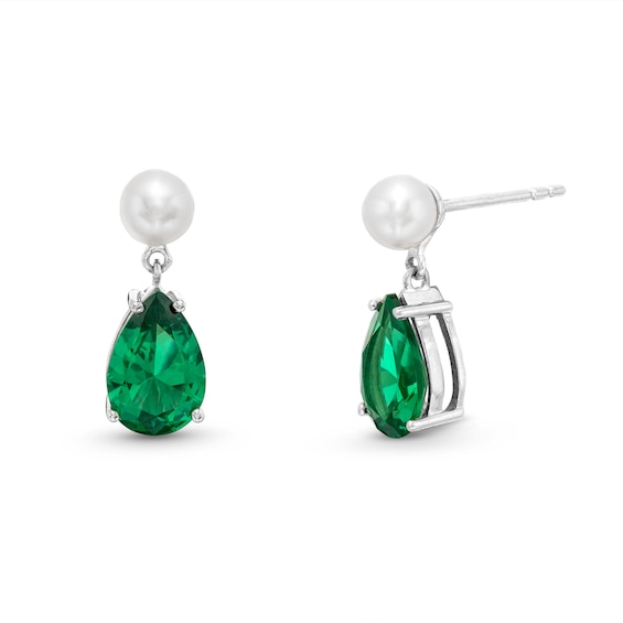 Pear-Shaped Lab-Created Emerald and Freshwater Cultured Pearl Drop Earrings in Sterling Silver