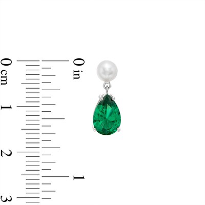 Pear-Shaped Lab-Created Emerald and Freshwater Cultured Pearl Drop Earrings in Sterling Silver