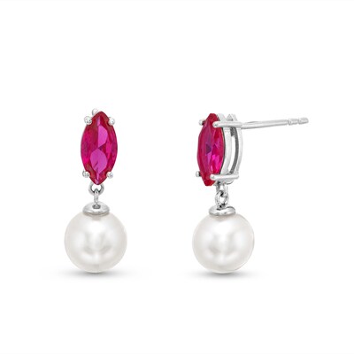 Marquise Lab-Created Ruby and Freshwater Cultured Pearl Drop Earrings in Sterling Silver