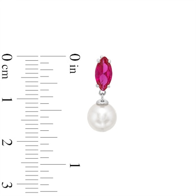 Marquise Lab-Created Ruby and Freshwater Cultured Pearl Drop Earrings in Sterling Silver