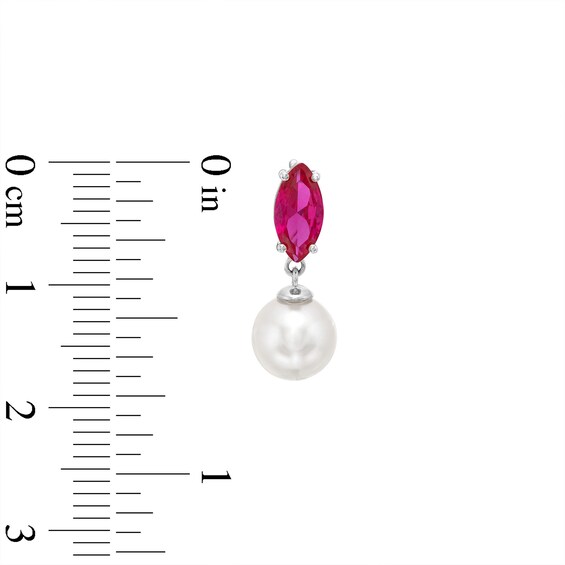 Marquise Lab-Created Ruby and Freshwater Cultured Pearl Drop Earrings in Sterling Silver