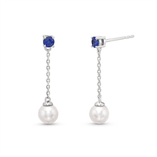 Blue Lab-Created Sapphire and Freshwater Cultured Pearl Chain Drop Earrings in Sterling Silver