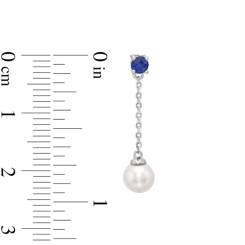 Blue Lab-Created Sapphire and Freshwater Cultured Pearl Chain Drop Earrings in Sterling Silver