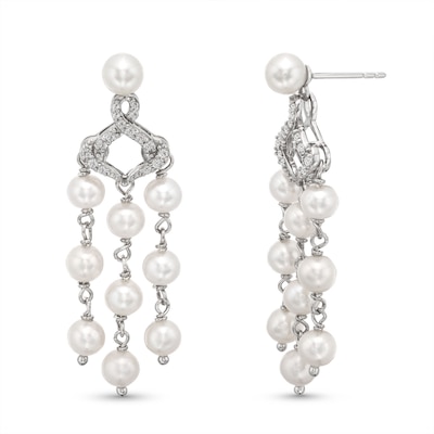 Freshwater Cultured Pearl and White Lab-Created Sapphire Chandelier Drop Earrings in Sterling Silver