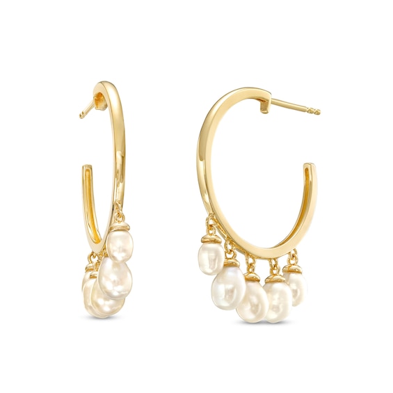 Oval Freshwater Cultured Pearl Dangle Hoop Earrings in 10K Gold