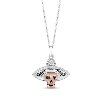 Disney Treasures Coco 0.085 CT. T.W. Black and White Diamond Sombrero Skull Pendant in Sterling Silver and 10K Rose Gold