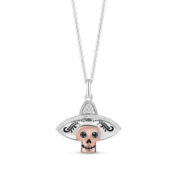 Disney Treasures Coco 0.085 CT. T.W. Black and White Diamond Sombrero Skull Pendant in Sterling Silver and 10K Rose Gold