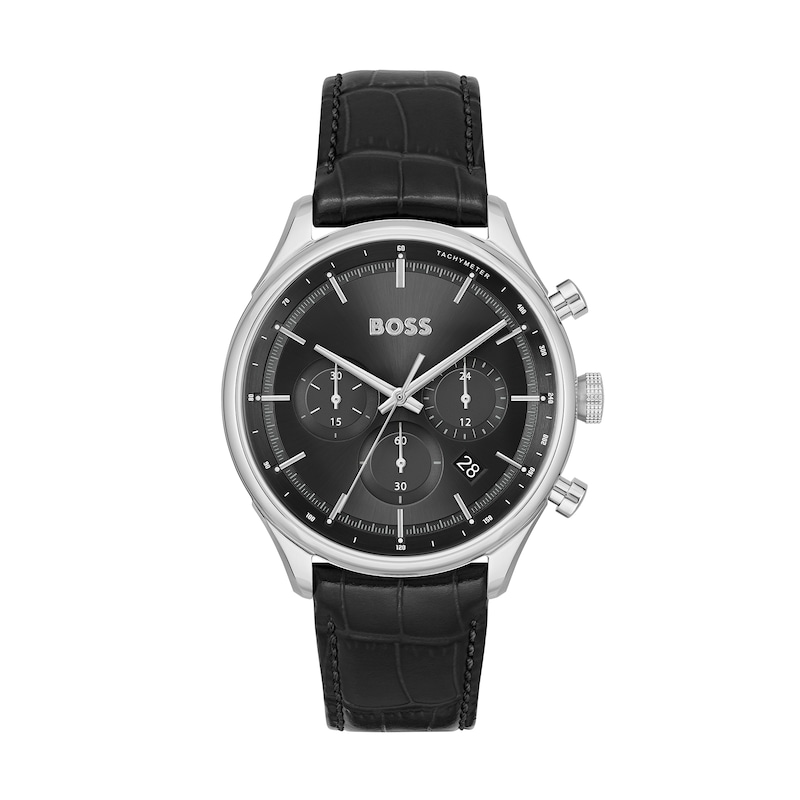 Men's Hugo Boss Gregor Chronograph Black Leather Strap Watch with Black Dial (Model: 1514049)|Peoples Jewellers