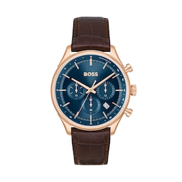 Men's Hugo Boss Gregor Rose Chronograph Brown Leather Strap Watch with Blue Dial (Model: 1514050)