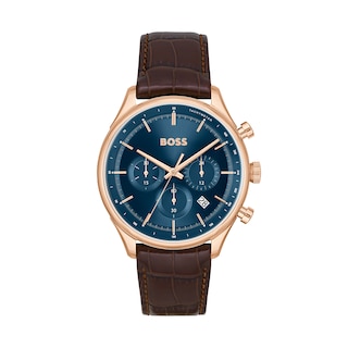 Men's Hugo Boss Gregor Rose Chronograph Brown Leather Strap Watch with Blue Dial (Model: 1514050)