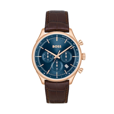 Men's Hugo Boss Gregor Rose Chronograph Brown Leather Strap Watch with Blue Dial (Model: 1514050)