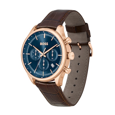 Men's Hugo Boss Gregor Rose Chronograph Brown Leather Strap Watch with Blue Dial (Model: 1514050)