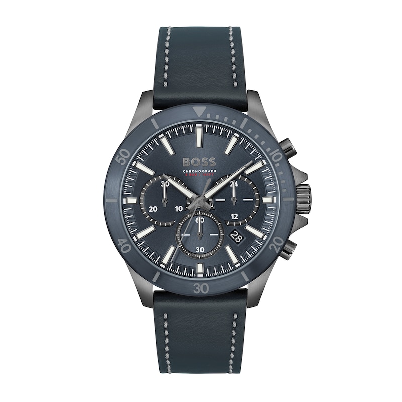 Men's Hugo Boss Troper Chronograph Blue Leather Strap Watch with Blue Dial (Model: 1514056)