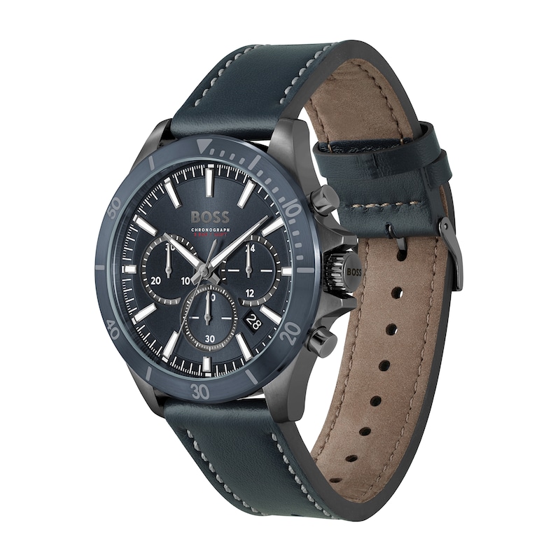 Men's Hugo Boss Troper Chronograph Blue Leather Strap Watch with Blue Dial (Model: 1514056)|Peoples Jewellers