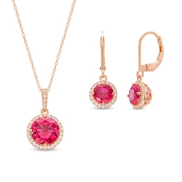 Lab-Created Ruby and White Lab-Created Sapphire Frame Pendant and Drop Earrings Set in 10K Rose Gold