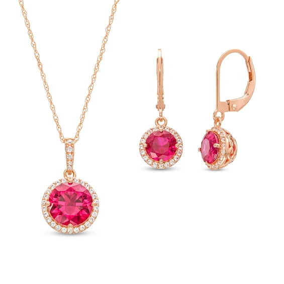 Lab-Created Ruby and White Lab-Created Sapphire Frame Pendant and Drop Earrings Set in 10K Rose Gold