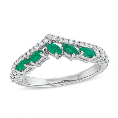 Slanted Marquise-Cut Emerald and 0.23 CT. T.W. Diamond Edge Contour Band in 10K White Gold