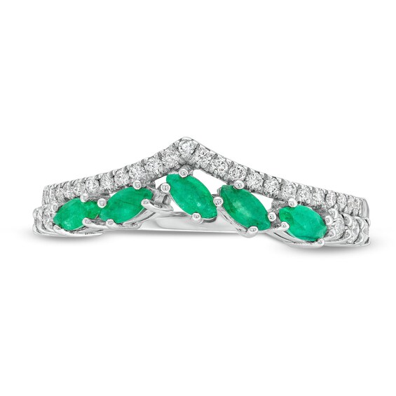 Slanted Marquise-Cut Emerald and 0.23 CT. T.W. Diamond Edge Contour Band in 10K White Gold