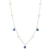 Thumbnail Image 0 of Freshwater Cultured Pearl and Blue Lab-Created Sapphire Dangle Station Necklace in Sterling Silver