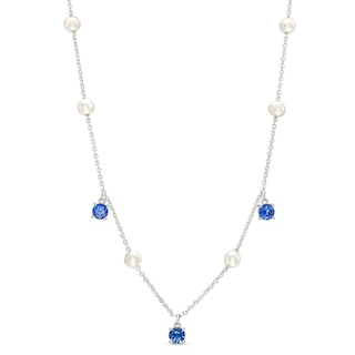 Freshwater Cultured Pearl and Blue Lab-Created Sapphire Dangle Station Necklace in Sterling Silver