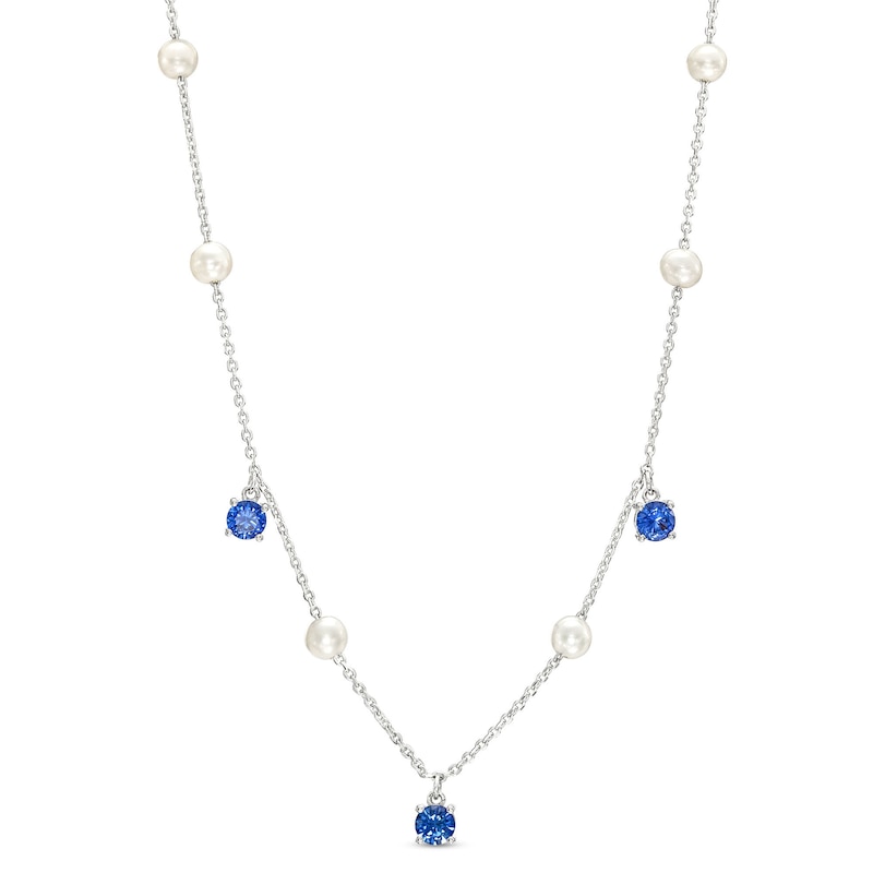 Freshwater Cultured Pearl and Blue Lab-Created Sapphire Dangle Station Necklace in Sterling Silver