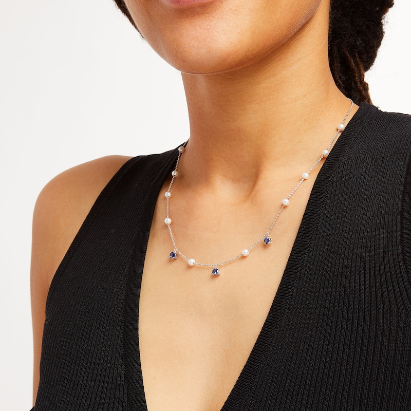 Freshwater Cultured Pearl and Blue Lab-Created Sapphire Dangle Station Necklace in Sterling Silver