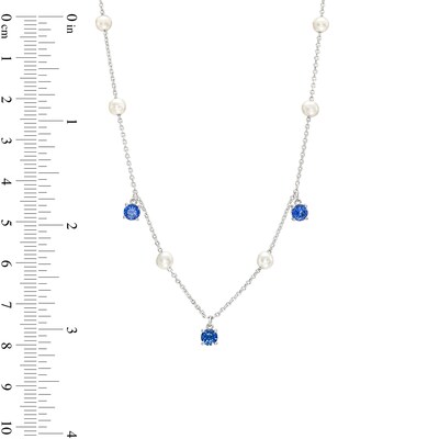 Freshwater Cultured Pearl and Blue Lab-Created Sapphire Dangle Station Necklace in Sterling Silver