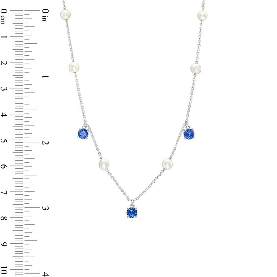 Freshwater Cultured Pearl and Blue Lab-Created Sapphire Dangle Station Necklace in Sterling Silver